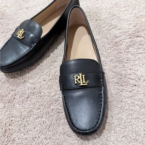Ralph Lauren Women's Black Leather Loafers with Gold Accent